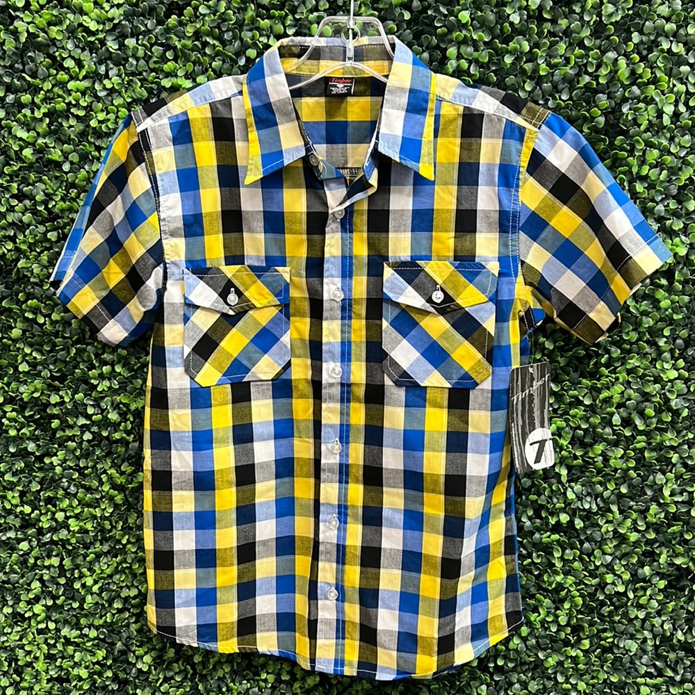 NWT Timber boys size 12 yellow/blue plaid button down